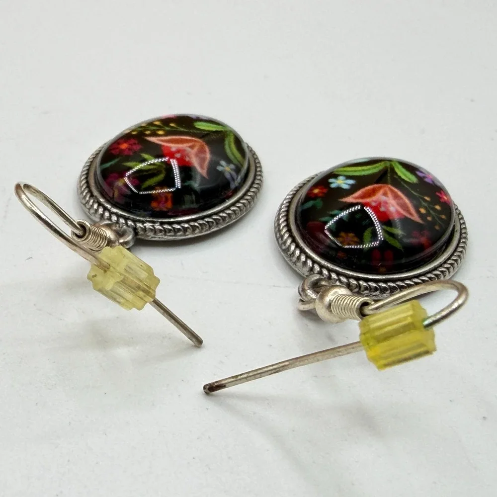Floral Folk Art Earrings Black Multicolor Flower Oval Silver Tone Dangle Pair